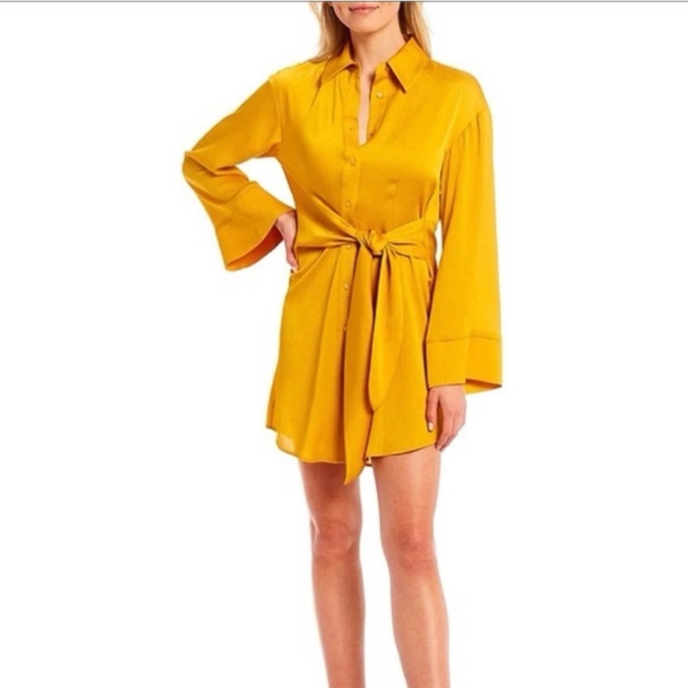 Gianni Bini Mustard Yellow Long Sleeve Shirt Dress Tie Waist Mini Small
